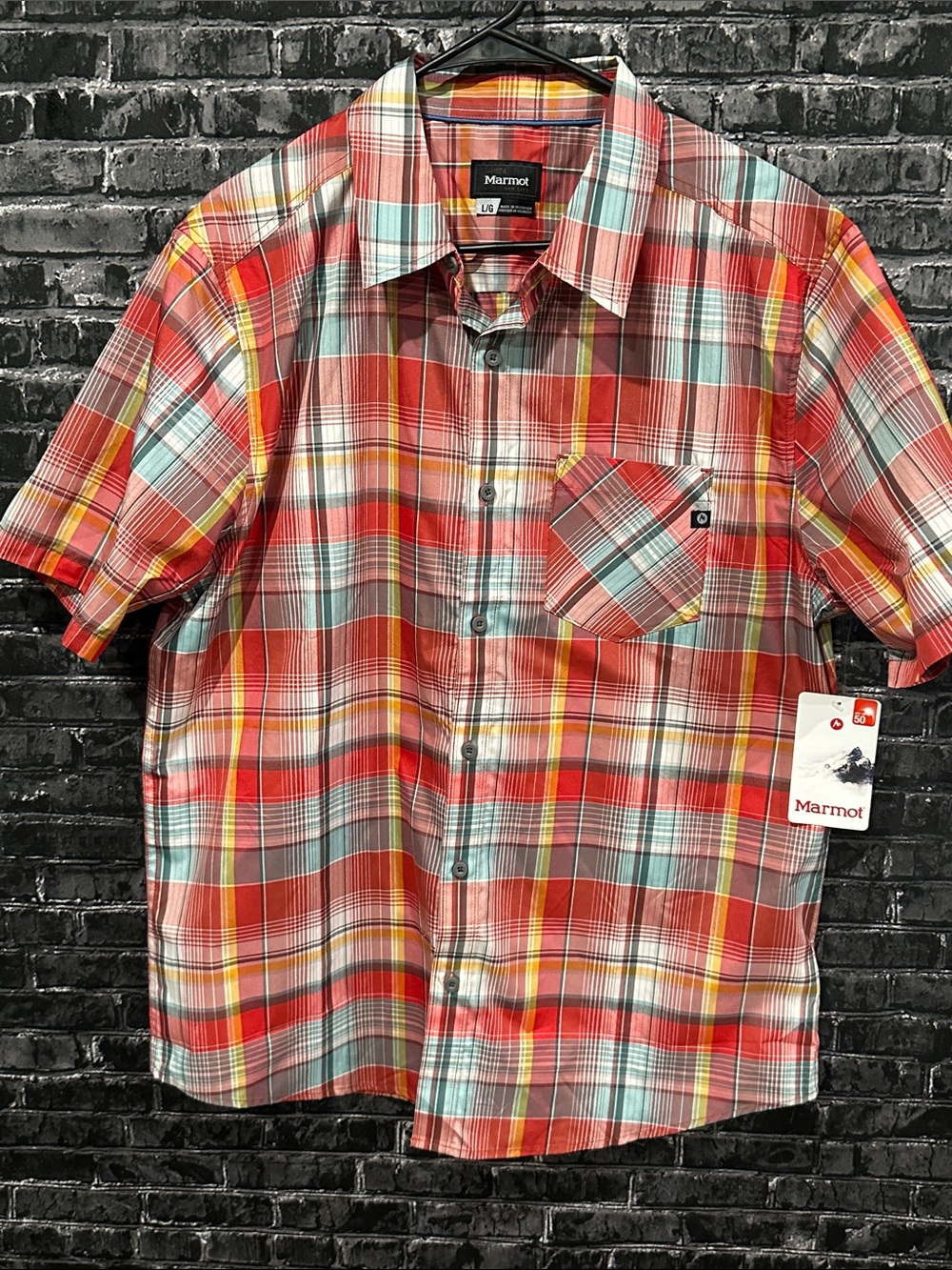 Marmot Orange Plaid Short-Sleeve Button-Up Shirt with Teal and Yellow Accents